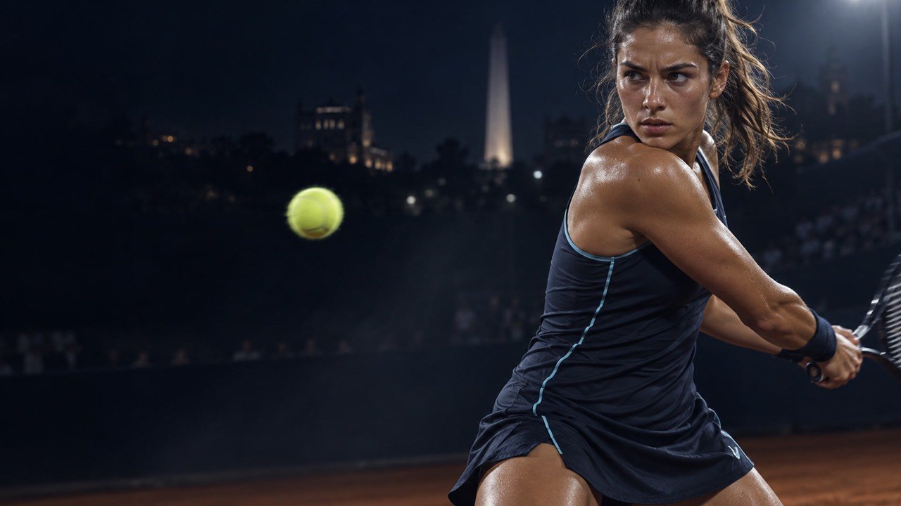 Jugador de tenis en el instante previo al impacto.