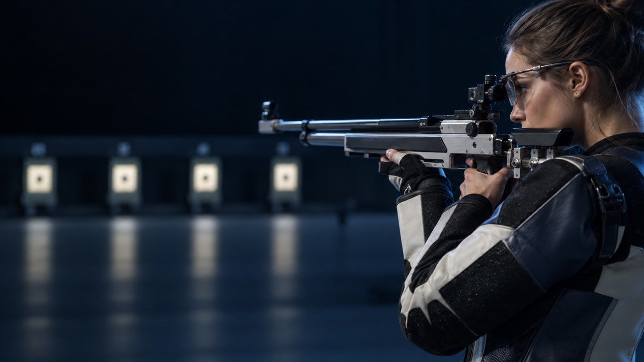 Tirador de rifle en la línea de tiro, con los blancos al fondo.