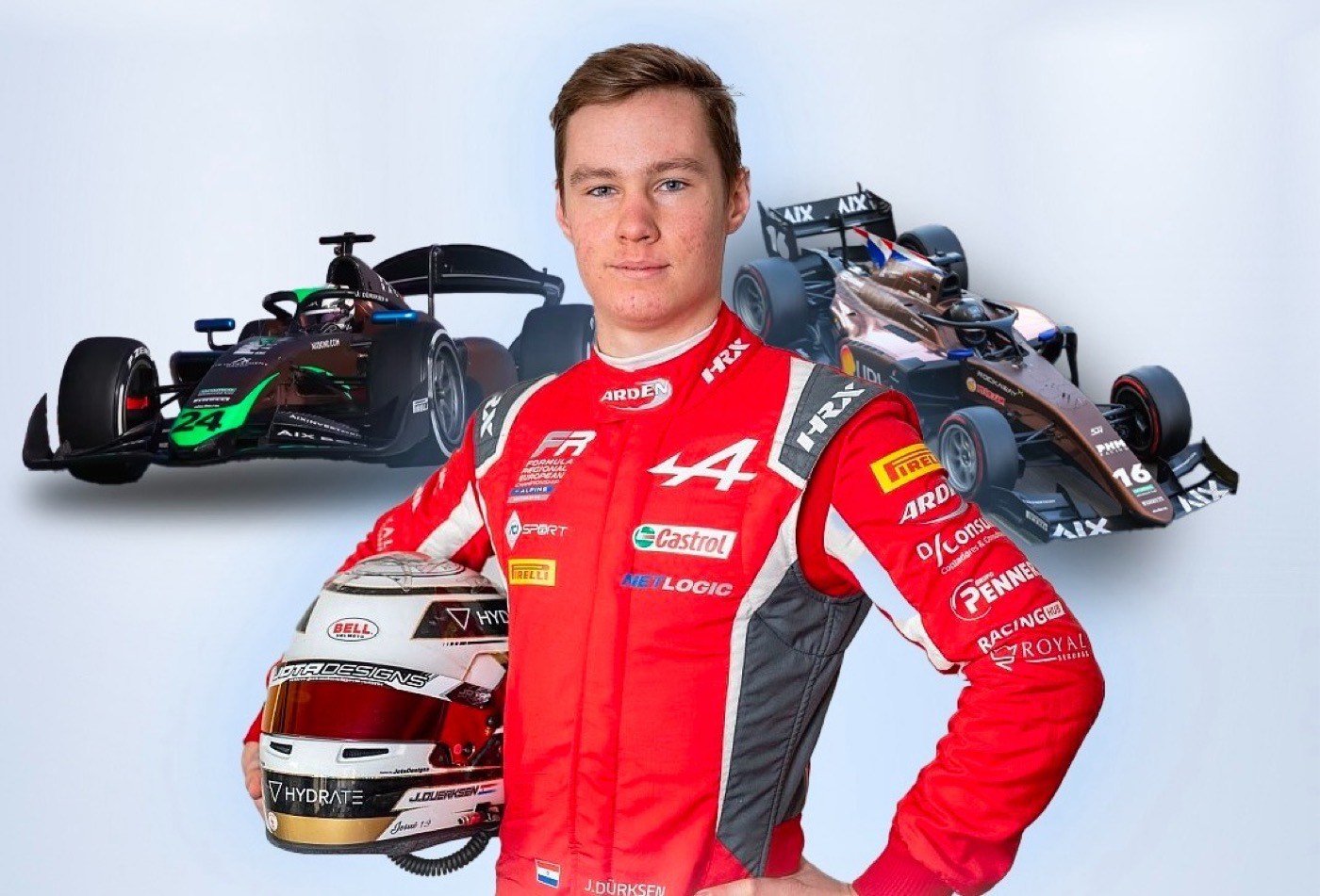 El piloto Joshua Duerksen con su equipo de carrera.