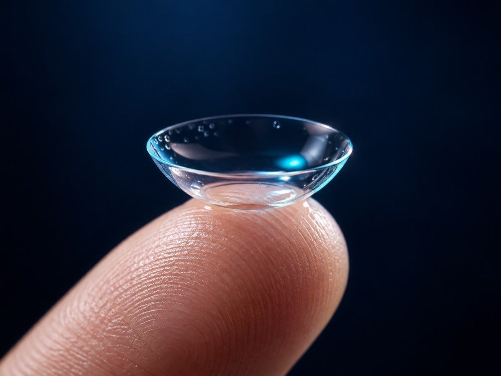 Un lente de contacto apoyado sobre la yema de un dedo.