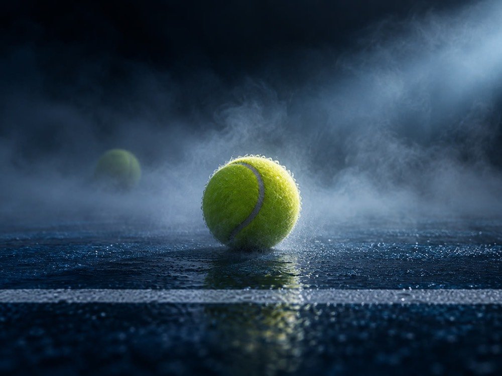 Pelota de tenis sobre la cancha, entre la bruma y el contraluz.