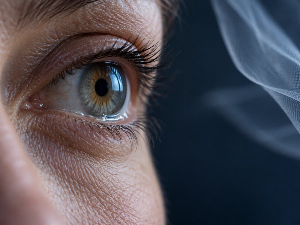 Primer plano de un ojo con una estela de vapor al costado.